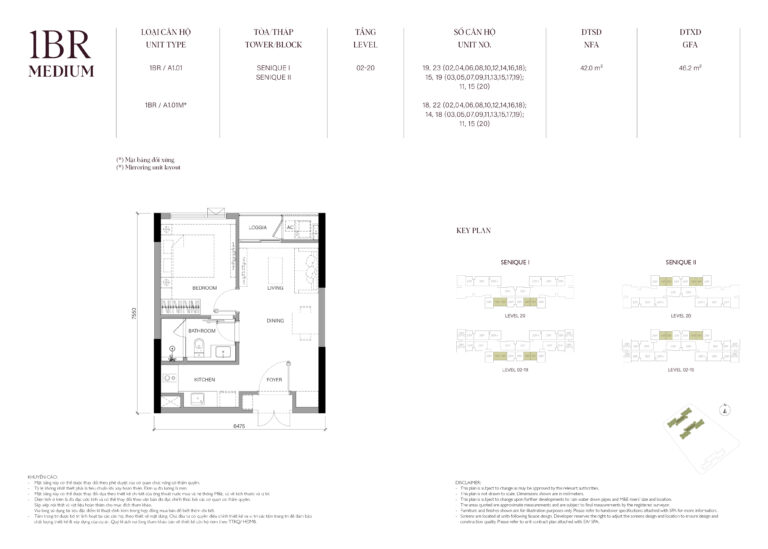 Thiết kế căn hộ 1 phòng ngủ The Senique Hà Nội, diện tích 42m2