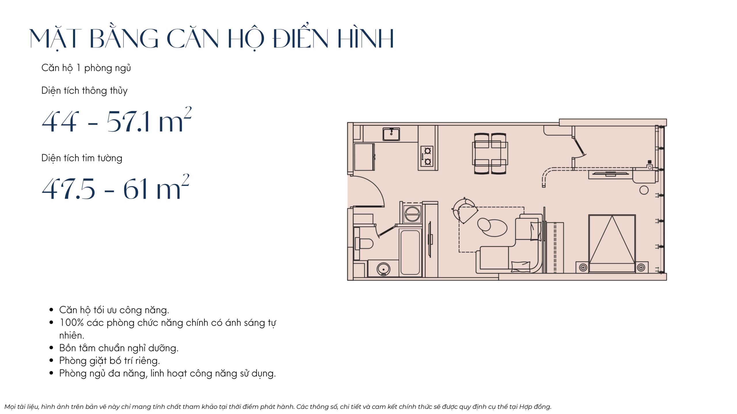 Mặt bằng căn hộ 1 phòng ngủ D’. Diamant Bleu