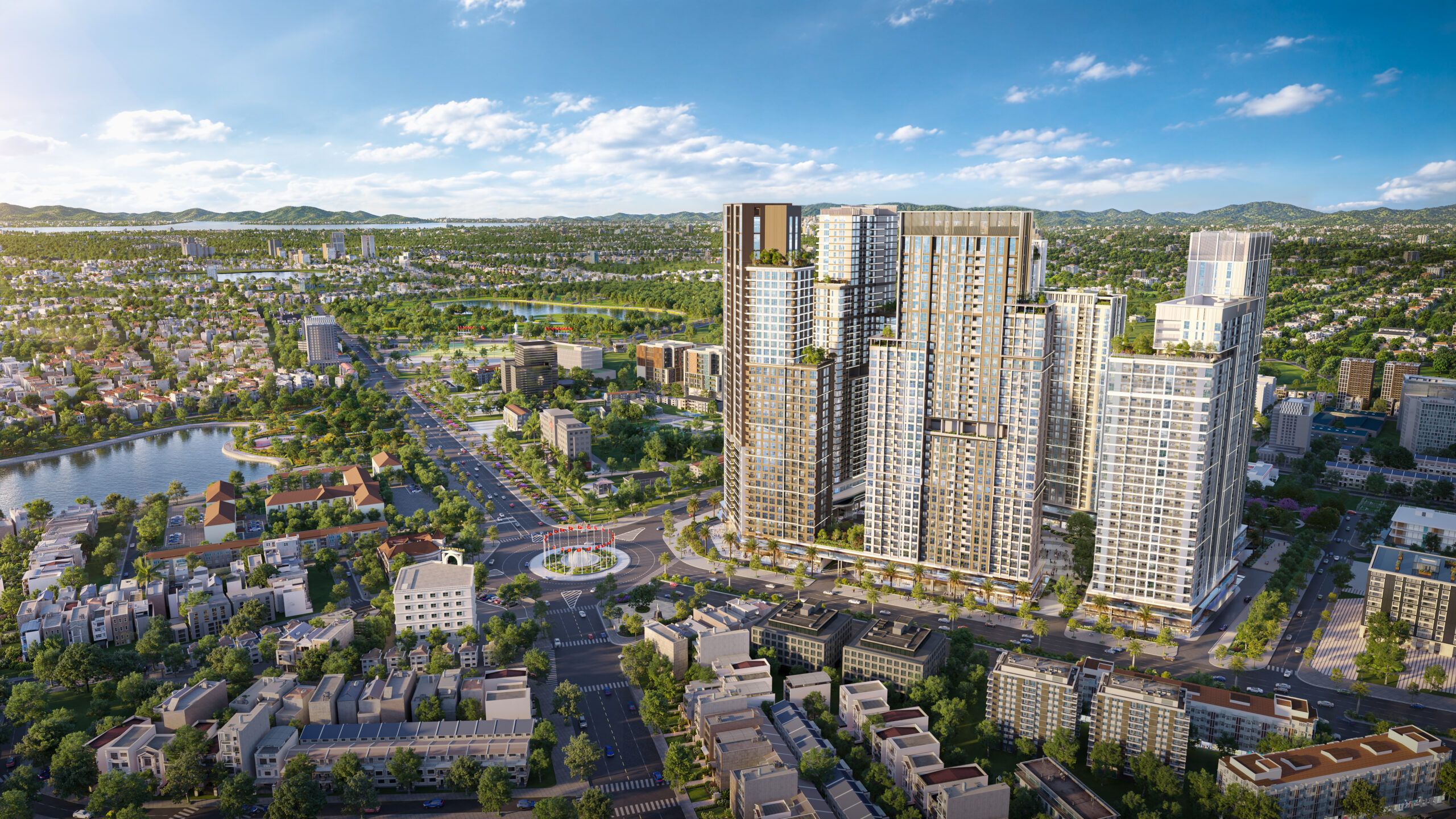 Phối cảnh tổng thể Sun Glory Residence Nghệ An từ đại lộ V.I. Lê Nin
